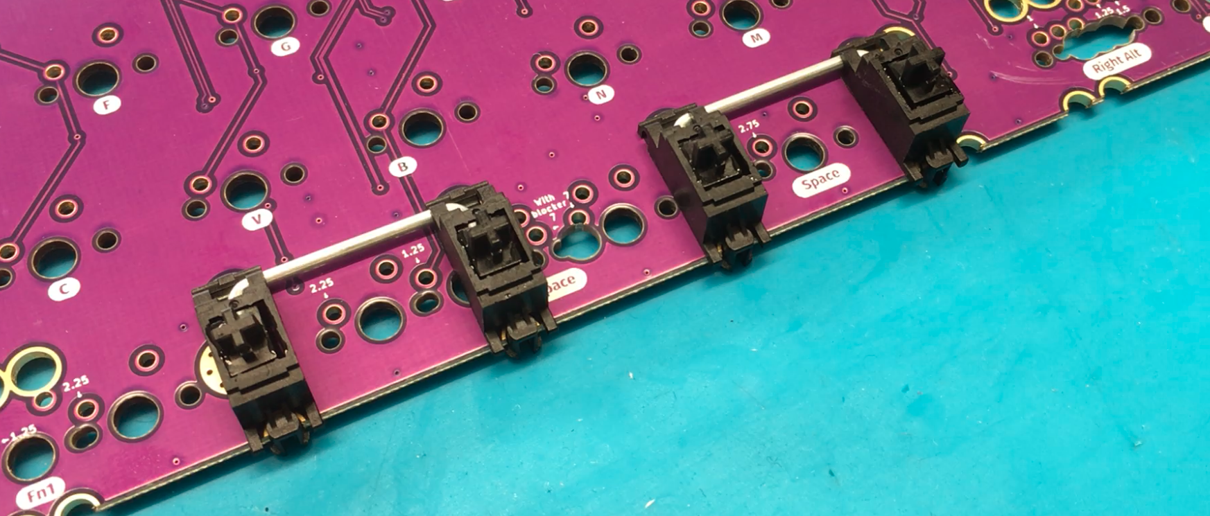 Stabilizers installed on PCB for spacebar
