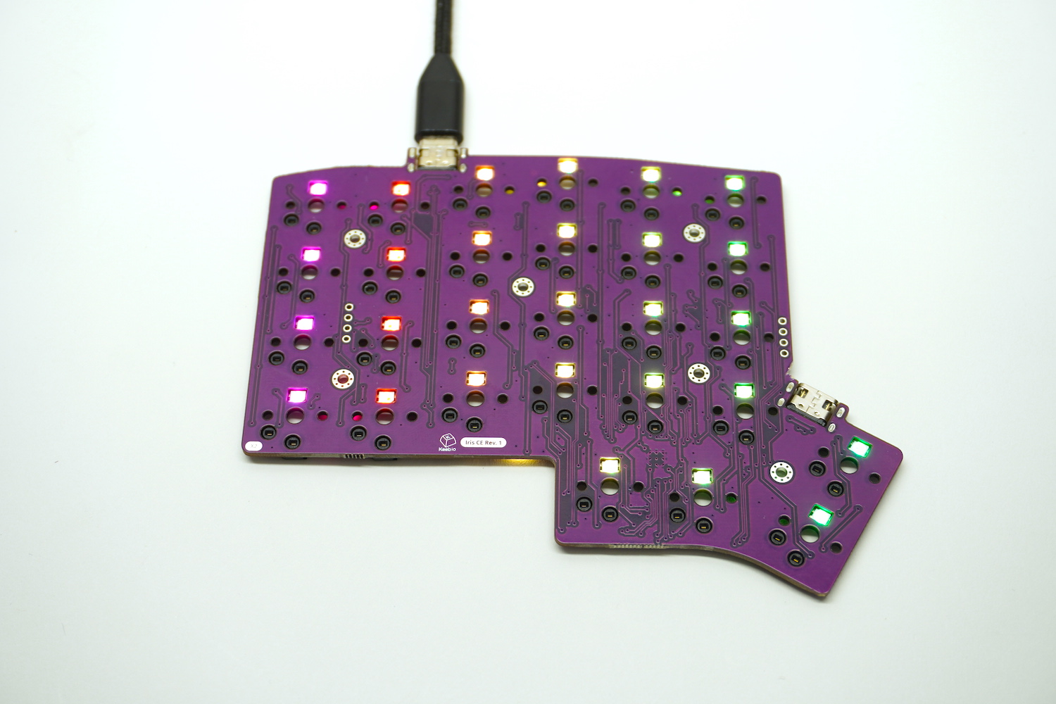 PCB plugged in with LEDs lit