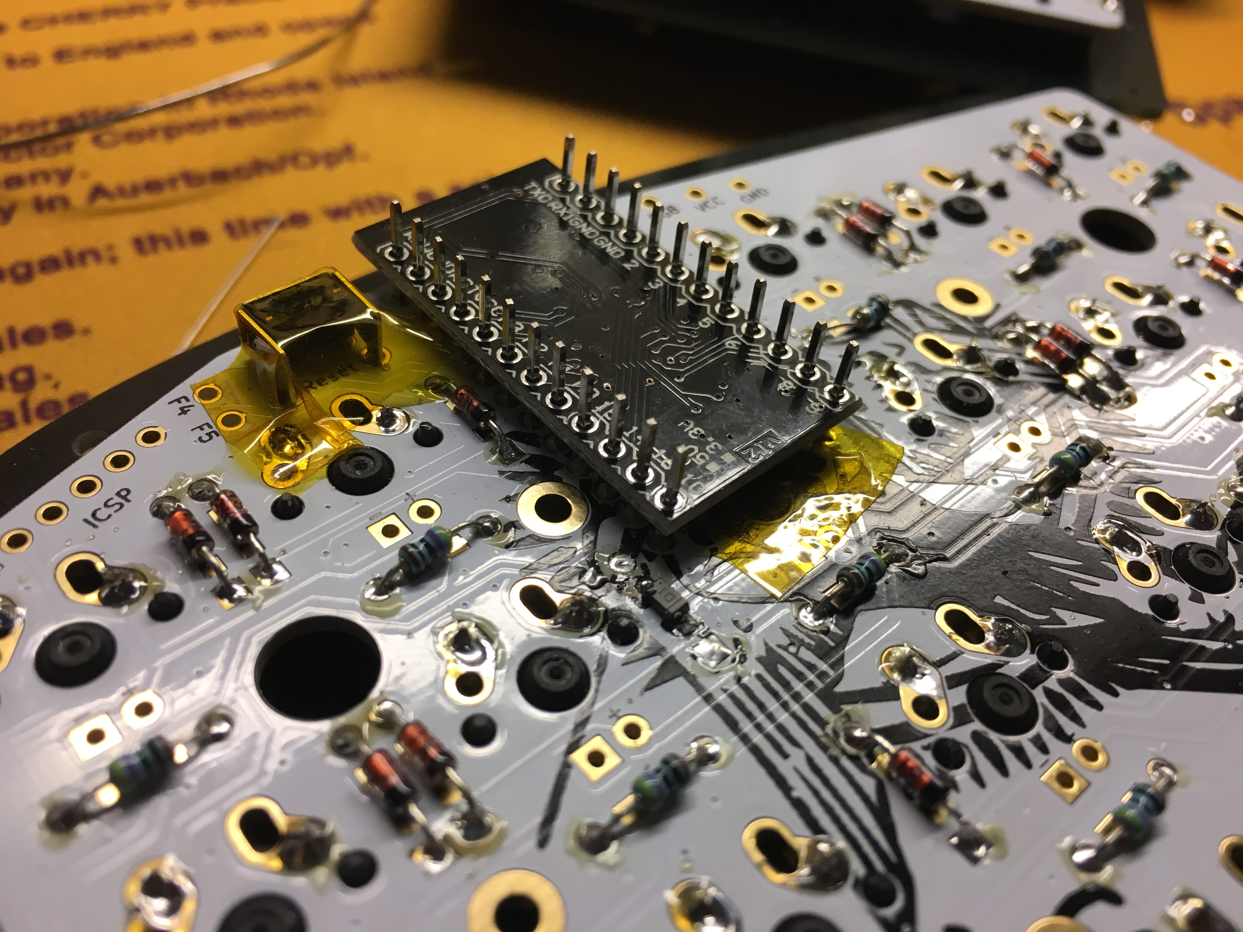 Pro Micro placed on PCB header pins, left half