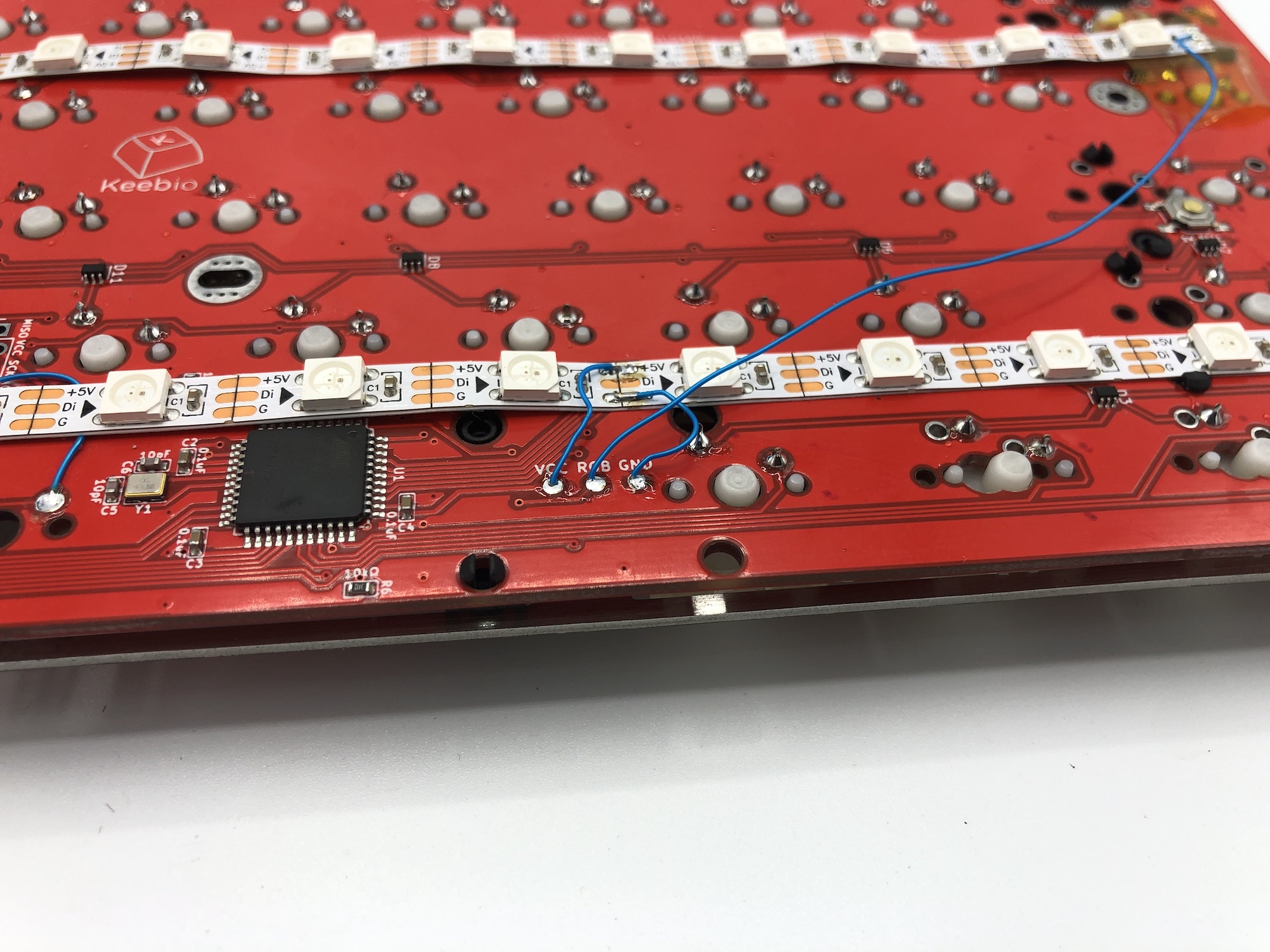 RGB strip wired to PCB breakout pins