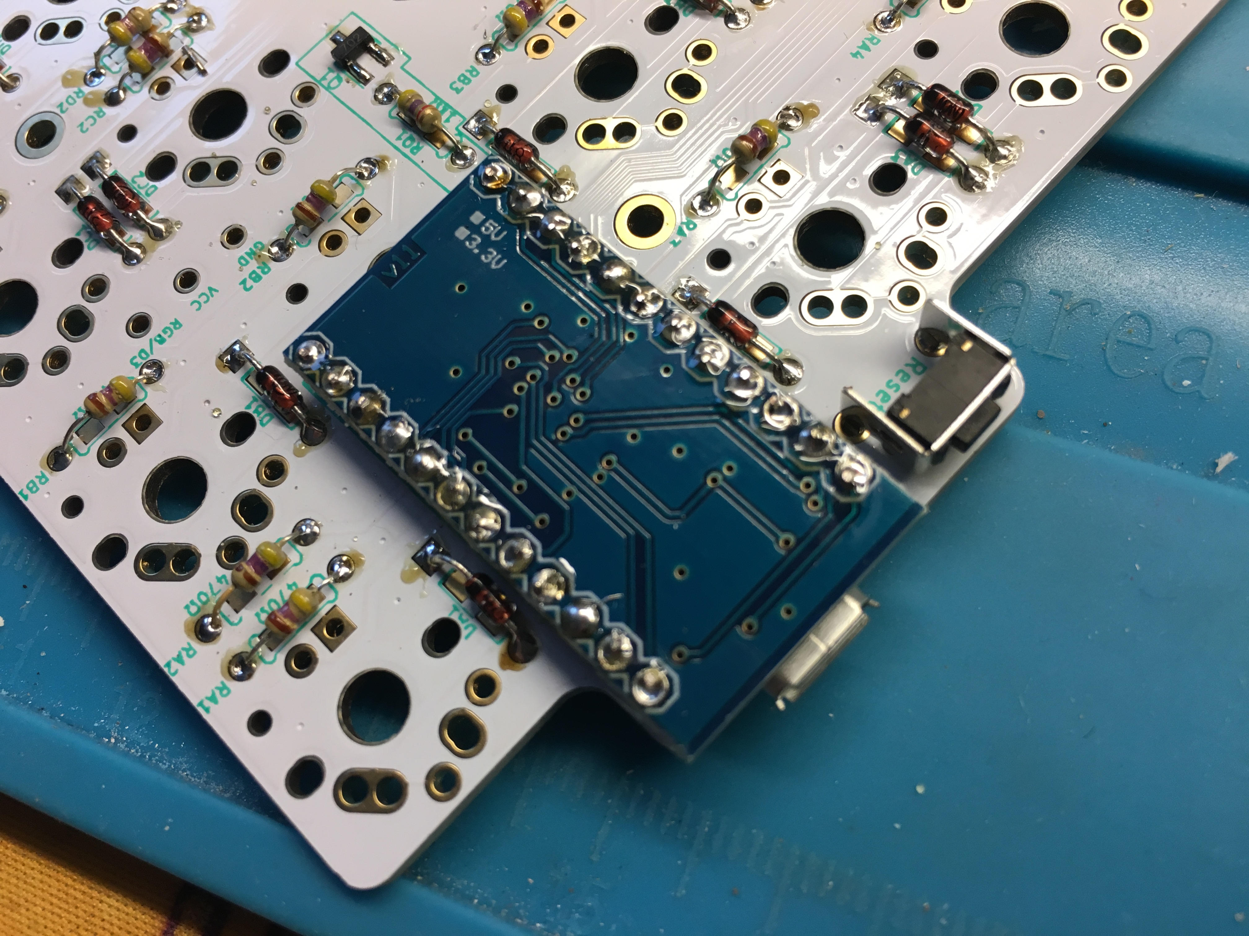 Pro Micro with Peel-A-Way sockets and diode legs inserted