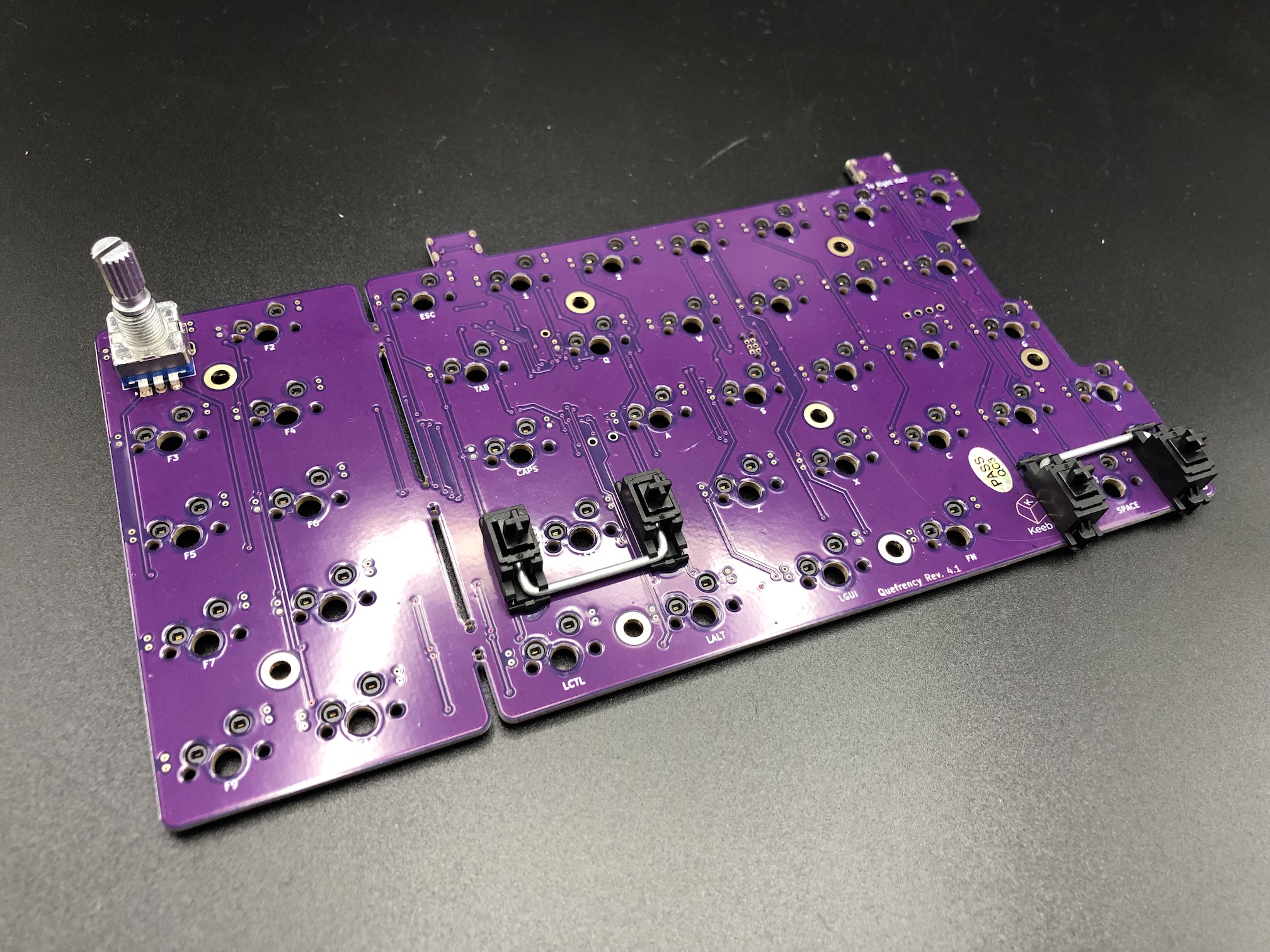 PCB with stabilizers and encoder installed