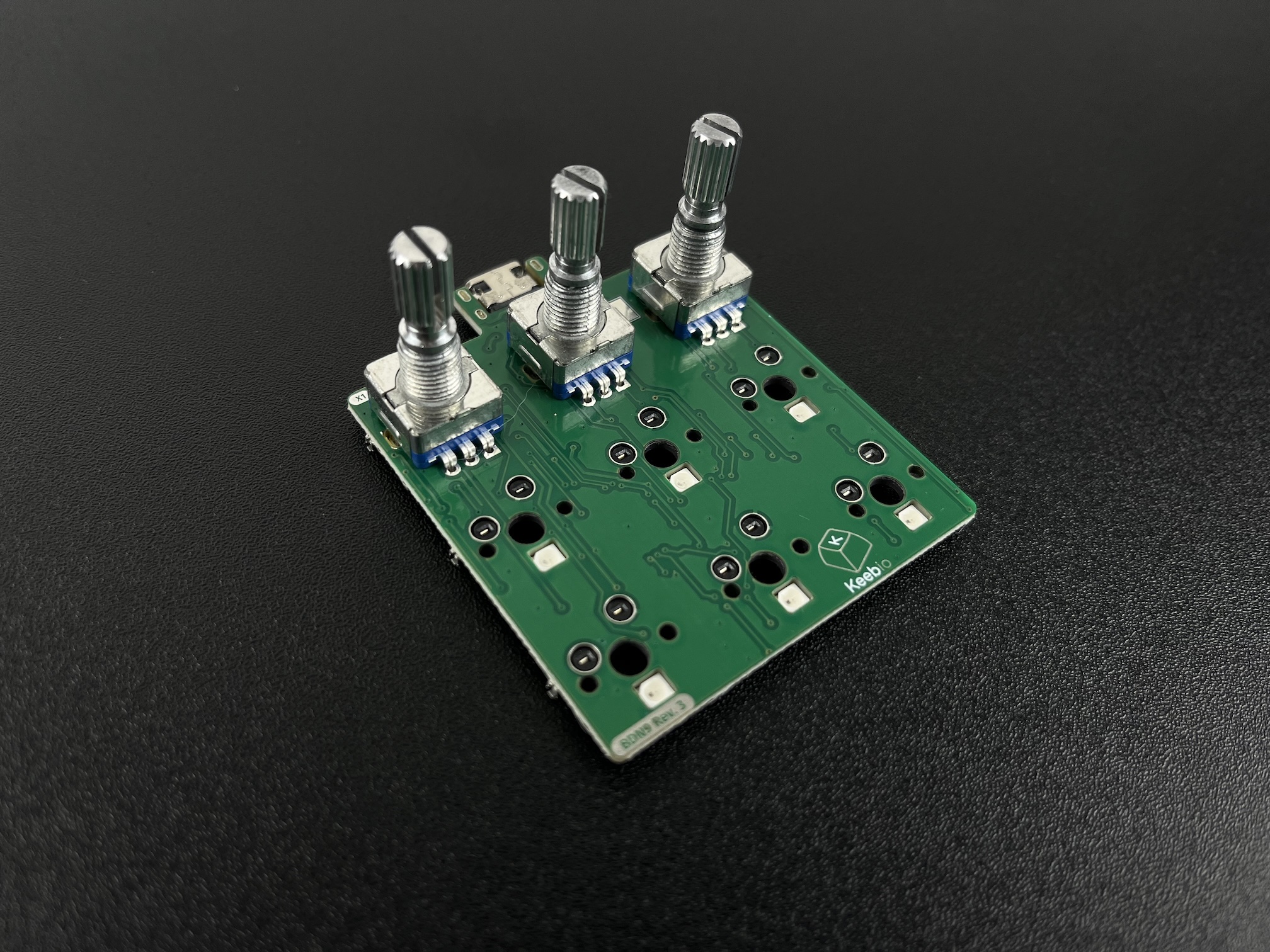 Three rotary encoders soldered to PCB