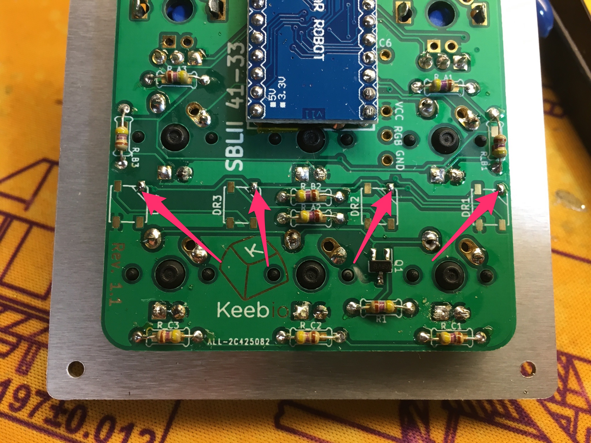 Solder added to one RGB LED pad each