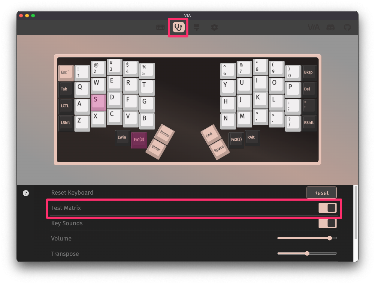 VIA key tester with Test Matrix mode