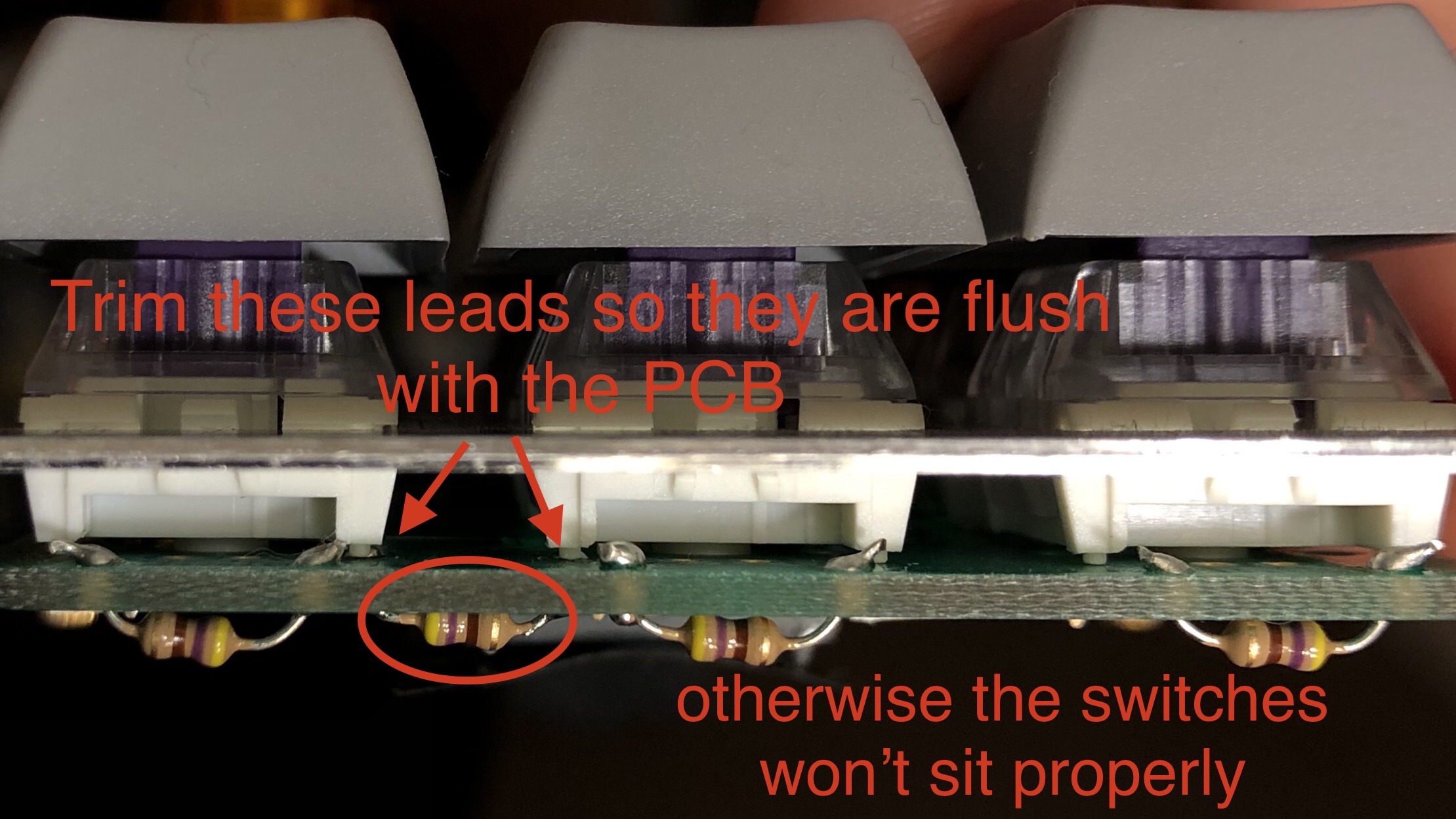 Annotation showing resistor leads to trim