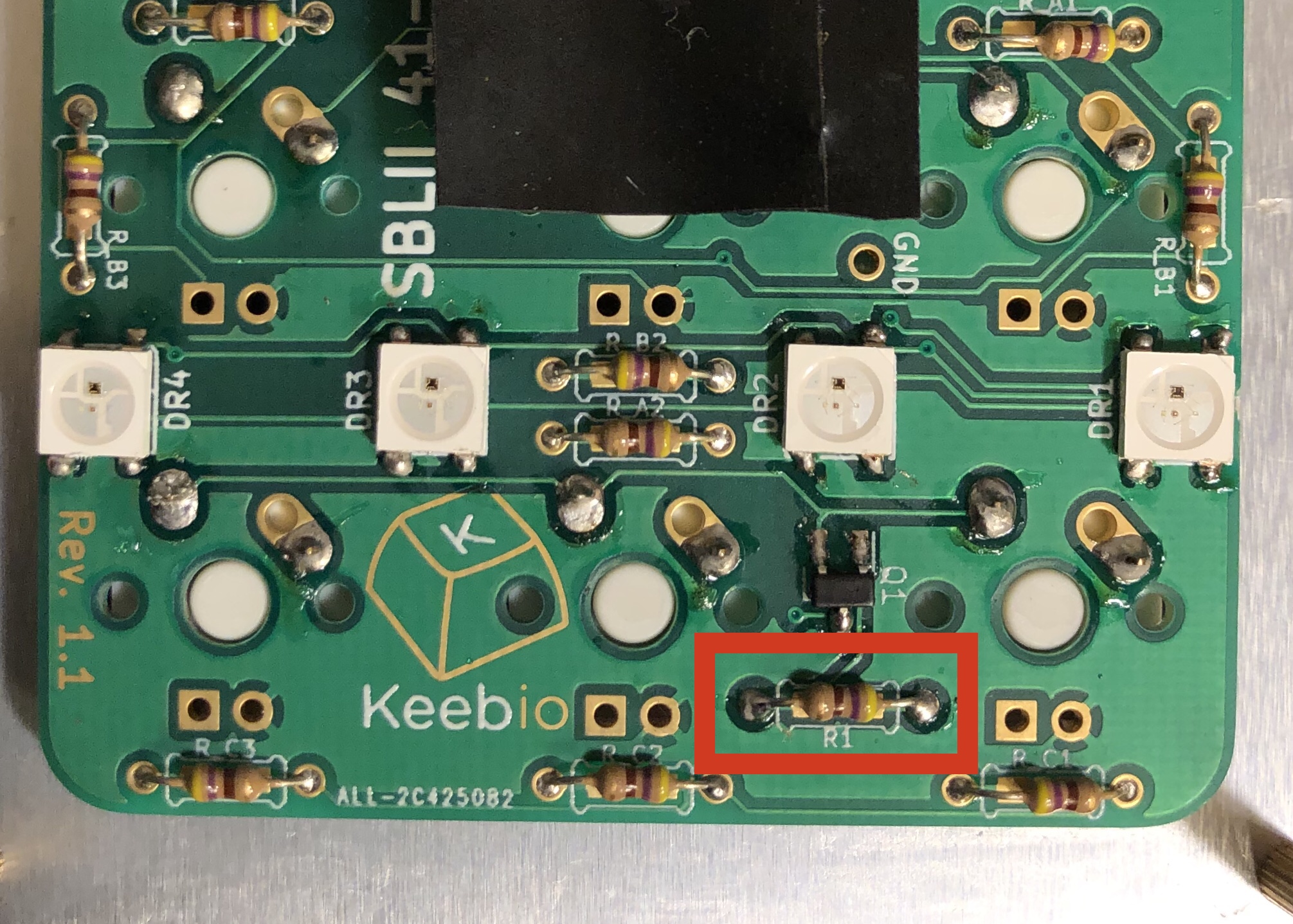 R1 resistor location highlighted on PCB