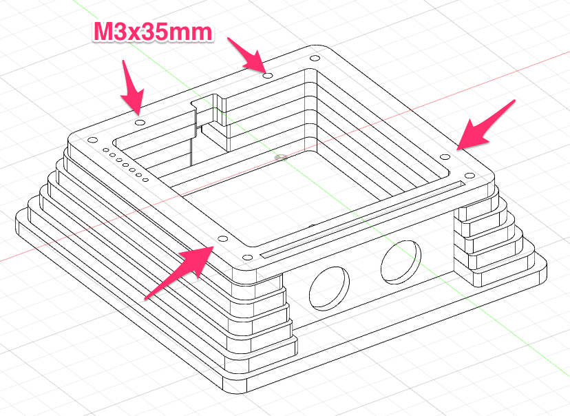 M3x35mm screws through bottom stack