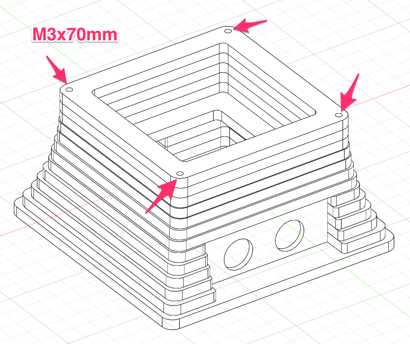 M3x70mm screws through completed stack