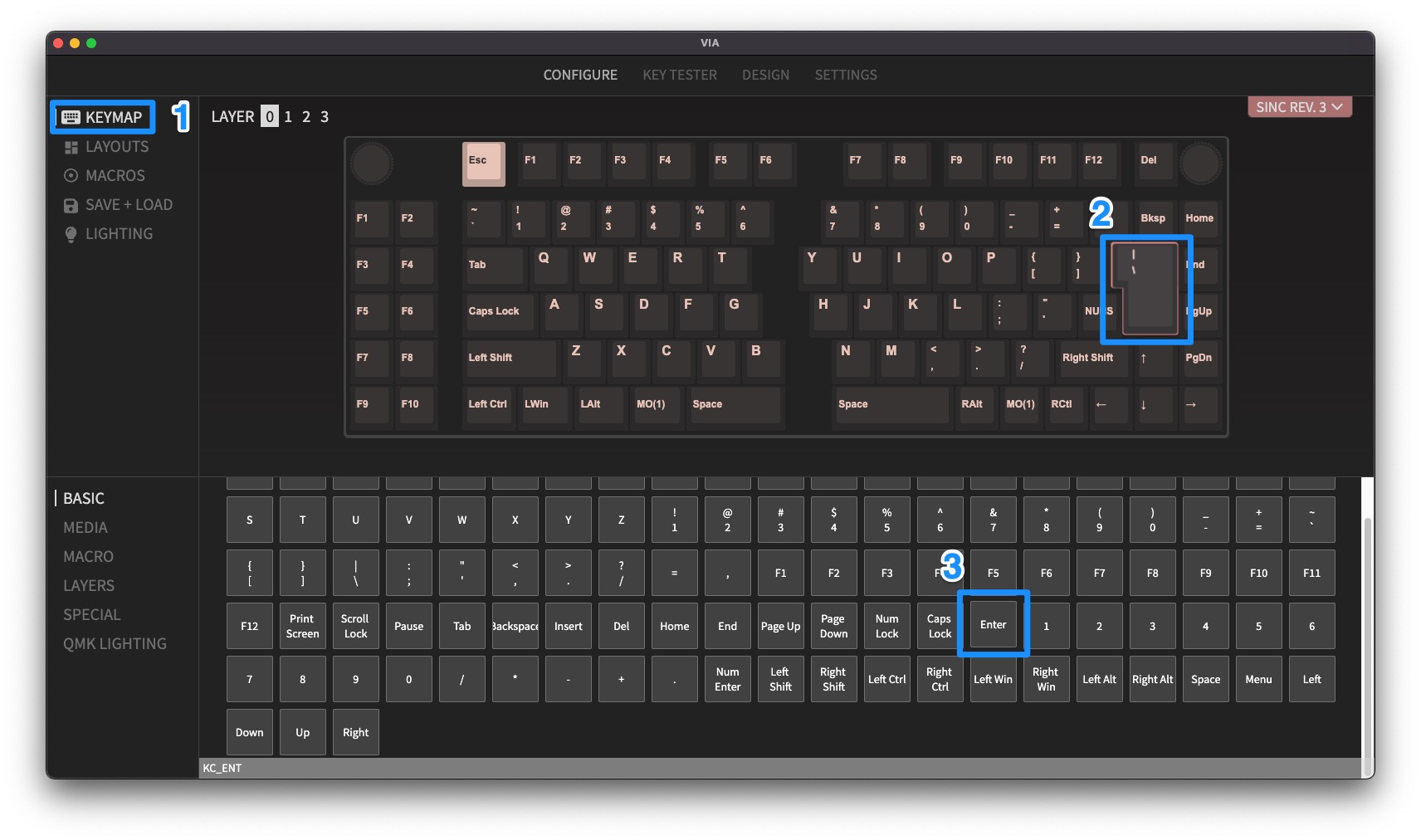 VIA Keymap with ISO Enter key selected