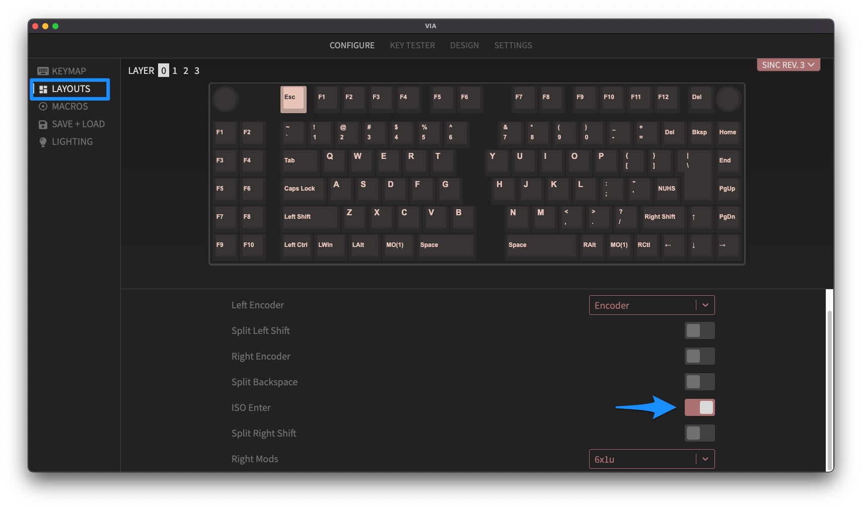 VIA Layouts panel with ISO Enter toggled on